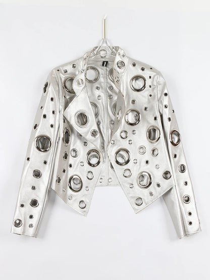 Nerazzurri Spring Autumn Short Hollow Out Pu Leather Jacket Women Rivet Cool Stylish Luxury Designer Clothes Runway Fashion 2024