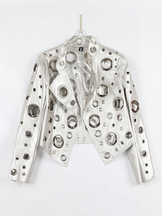 Nerazzurri Spring Autumn Short Hollow Out Pu Leather Jacket Women Rivet Cool Stylish Luxury Designer Clothes Runway Fashion 2024