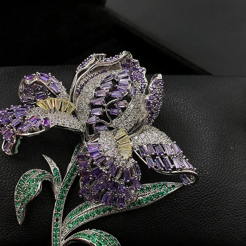 Luxury Handmade Iris Flower Brooch Sparkling Purple Zircon Vintage Lapel Pin Women Suit Coat Wedding Party Daily Jewelry Gift