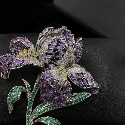 Luxury Handmade Iris Flower Brooch Sparkling Purple Zircon Vintage Lapel Pin Women Suit Coat Wedding Party Daily Jewelry Gift