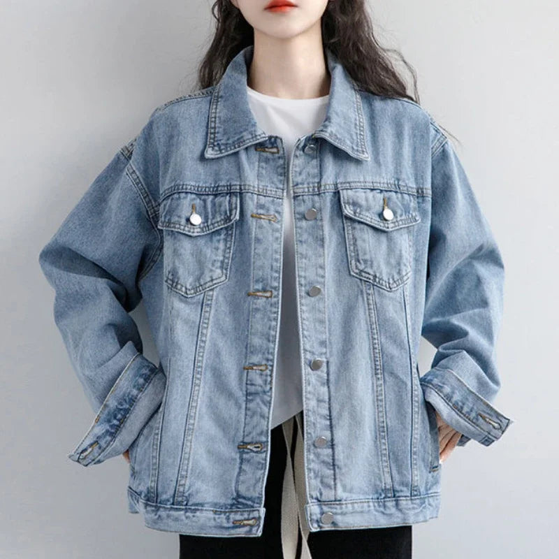 Vintage Women Jacket 2026 Autumn Winter Oversize Denim Jackets Washed Blue Jeans Coat Turn-down Collar Outwear Bomber Jacket