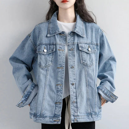 Vintage Women Jacket 2026 Autumn Winter Oversize Denim Jackets Washed Blue Jeans Coat Turn-down Collar Outwear Bomber Jacket