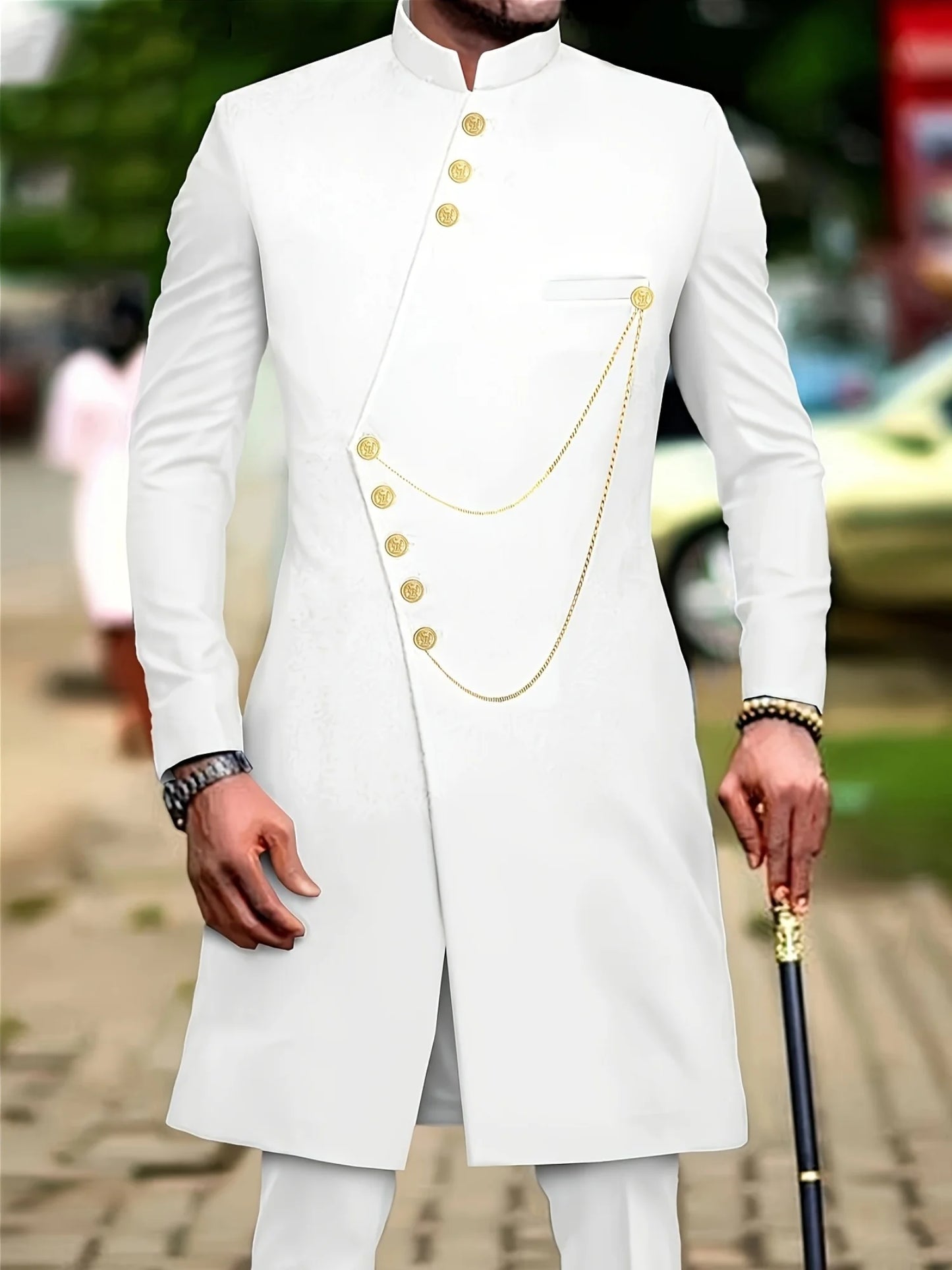 Men's casual two-piece suit set with long sleeves, mid-length jacket and trousers.