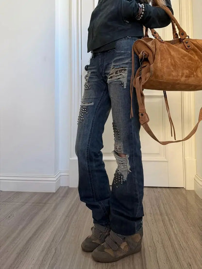American style spicy girl design with rivet splicing jeans, women new retro distressed distressed floor length pants