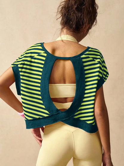 Women Striped Open Back Workout Top Gym Crop Top Summer Active Wear