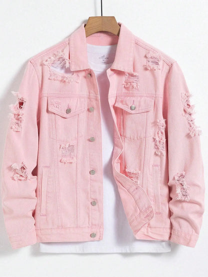 Men's denim jacket for spring and autumn. Pink ripped denim jacket. Daily casual. Fashionable and trendy.