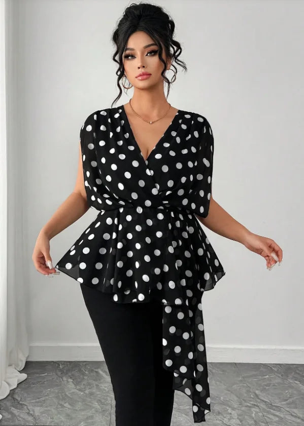 Plus Size Women's Black and White Polka Dot Peplum Shirt Top, Chiffon Sleeveless V-Neck Wrap Irregular Blouse with Drape Ties,
