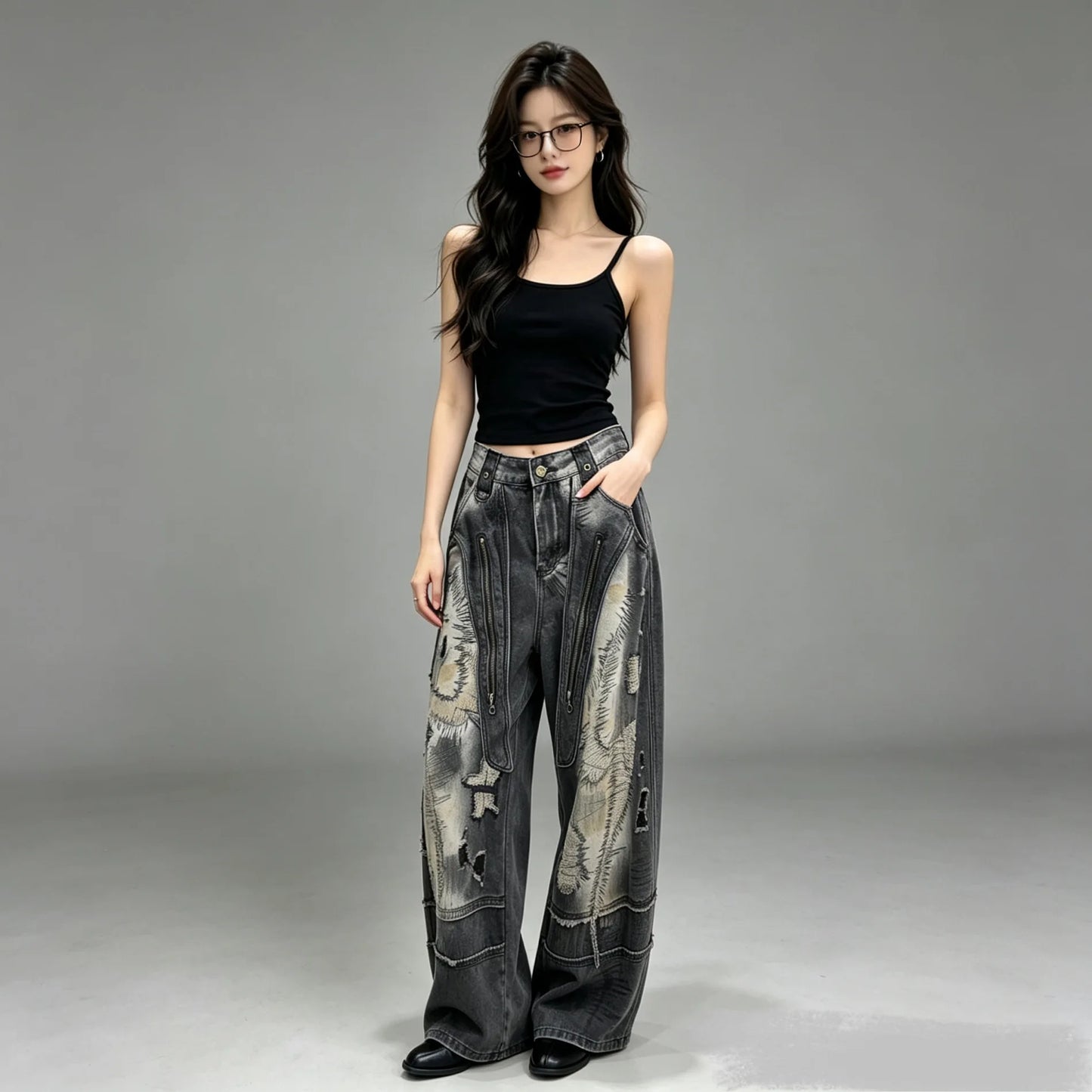 Trendy Pear-shaped Slimming Jeans Women Black Washed New Summer Street Style Loose-fitting Floor-length Jeans LX5811