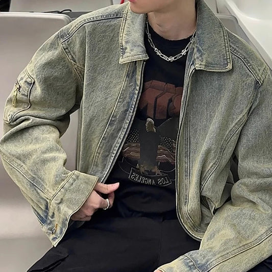 Men's Jeans Jacket Autumn Vintage Washed Casual Denim Jackets Versatile Fashion Korea Style Trendy High Street Outerwear Coat