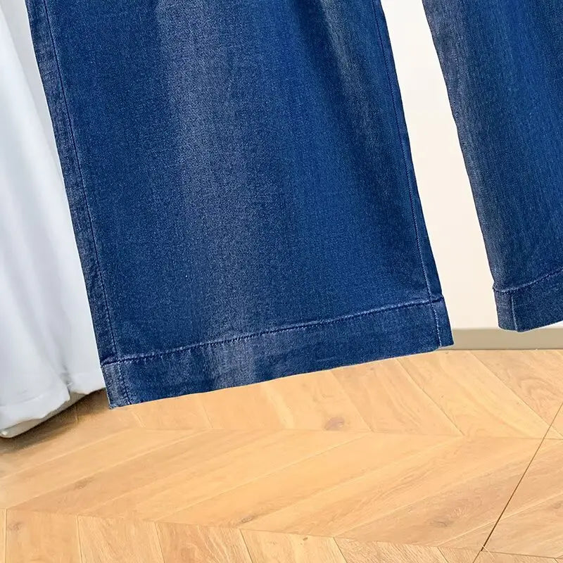 Women Plus Size Lightweight Lyocell Straight Jeans Casual Wide Leg Ninth Pants For Curvy Ladies 0266