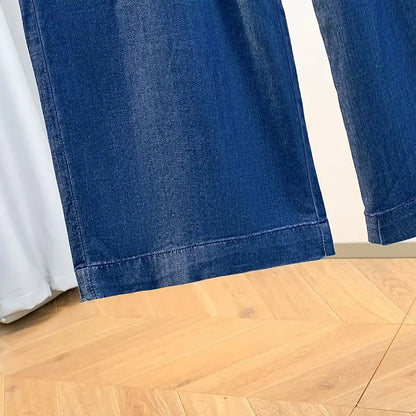 Women Plus Size Lightweight Lyocell Straight Jeans Casual Wide Leg Ninth Pants For Curvy Ladies 0266