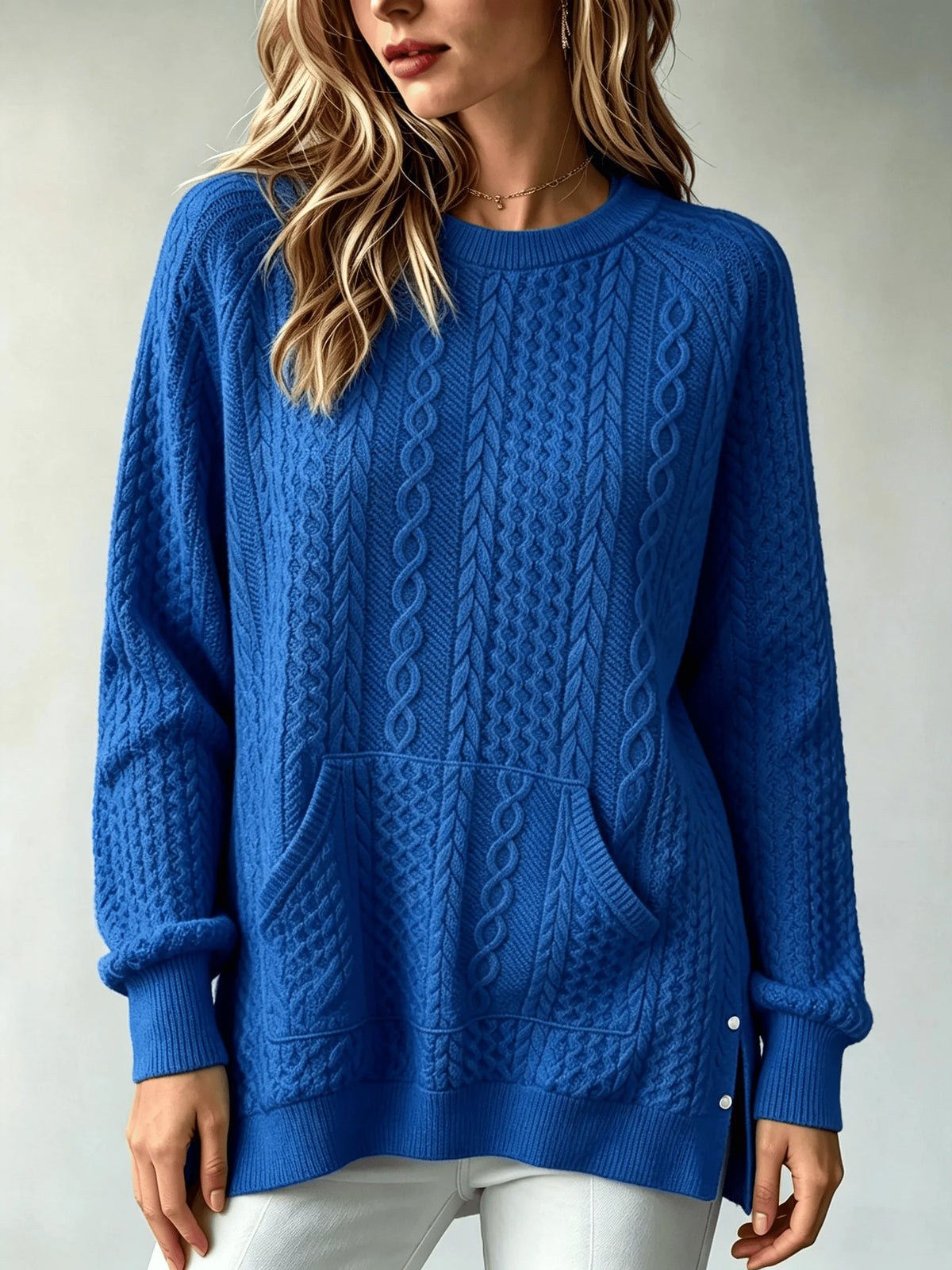 Women Cable Knit Sweater With Kangaroo Pocket Long Sleeve Crew Neck Loose Pullover Sweaters Casual Oversized Fall Winter Jumper For Ladies