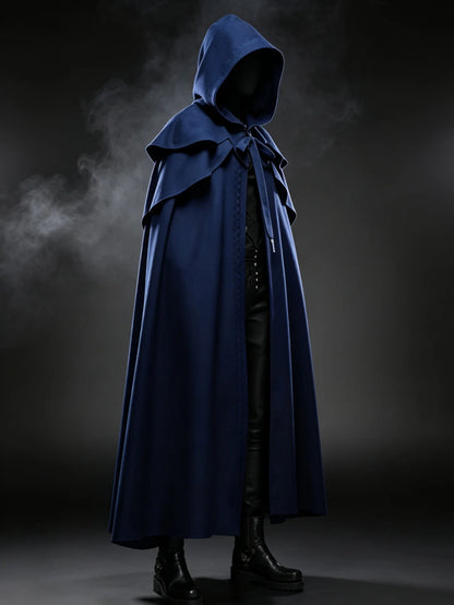 Medieval Vintage Hooded Long Cos Cloak, Dark Green Double Lapel Tie Cape, Unisex Ranger Hunter Wizard Role Play Costume, Retro Gothic Cosplay Coat