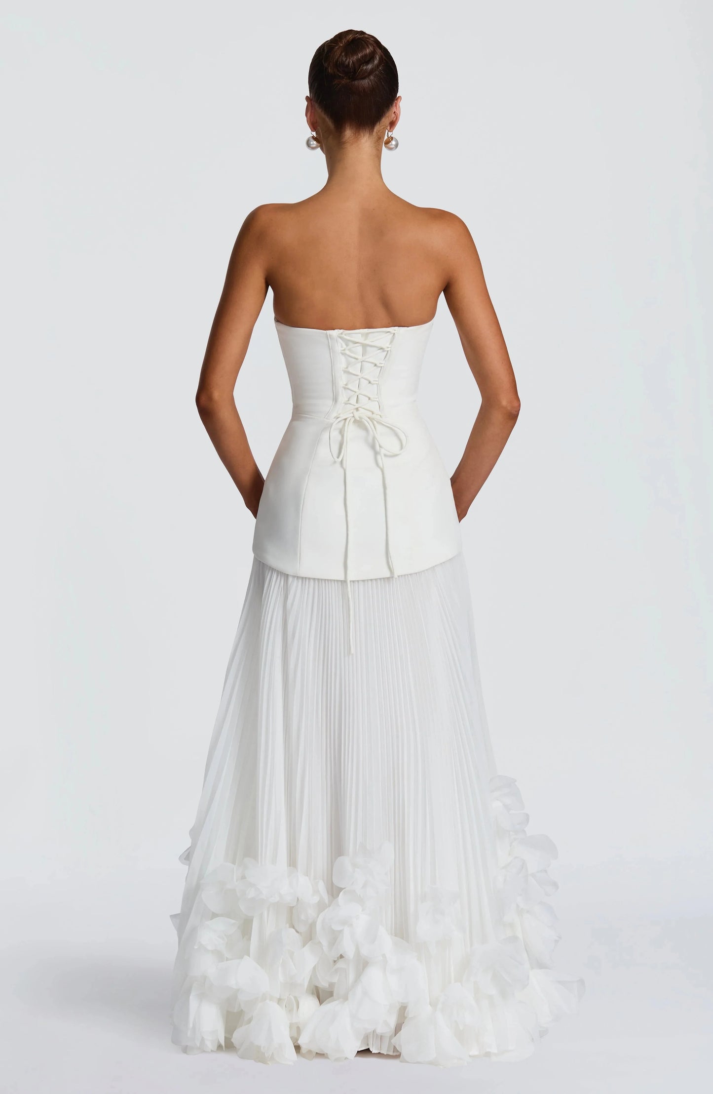 Women's Formal Evening Gowns Summer White Strapless Long Sash Back Handmade 3D Floral Sheer Long Gala Ceremony Dress