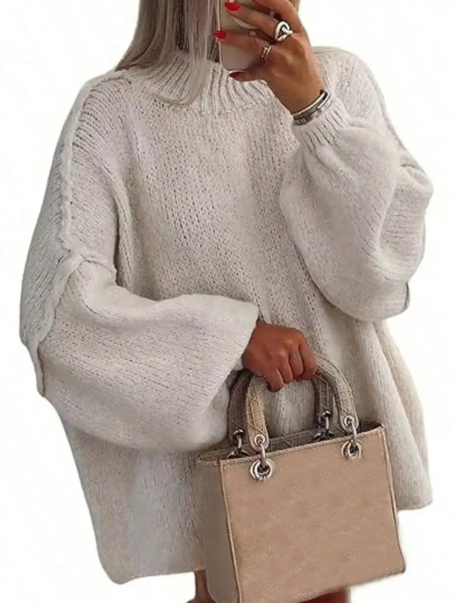 Women's Oversized Pullover Sweaters  Fall Winter Mock Neck Lantern Sleeve Crochet Casual Knitted Jumper Tops Solid Color Loose Blouse