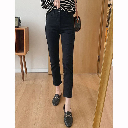 Lady Classic Solid High Waist Jeans Female Black Narrow Straight Leg Pants Girls Korean Leisure Fashion Denim Trousers