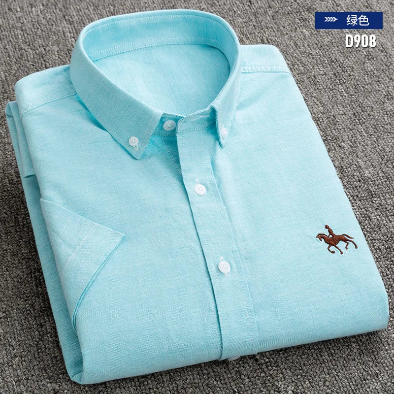 New Men's Social Shirt Short Sleeve 100% Pure Cotton Oxford Soft Buttoned Plaid Formal Male Clothes Pocket Social Shirt S-7XL