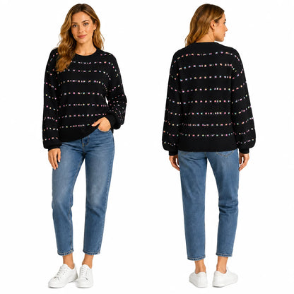 Women Colorful Confetti Dot Knit Sweater, Crew Neck Drop Shoulder Long Balloon Sleeve Loose Casual Pullover Sweater for Fall Winter Daily Streetwear