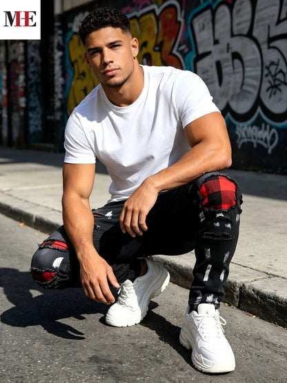 HME Men's Black Gray Denim Pants, Plaid Patch Paint Splatter Slim Skinny Jeans for Streetwear