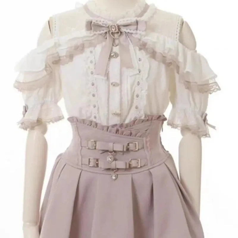 Sweet Lolita Jirai Kei High Waist Skort - Double Bow Buckle Short Skirt for Women Japanese Y2K Kawaii Fashion Summer Casual