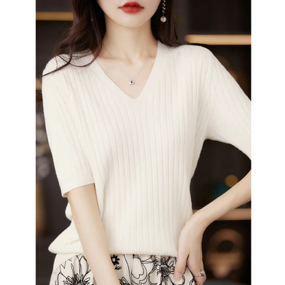 Women's Sweater Spring Summer Short Sleeve V-neck Knit Shirt Casual Pullovers Stripe Bottoming Shirt Slim Fit Jumpers