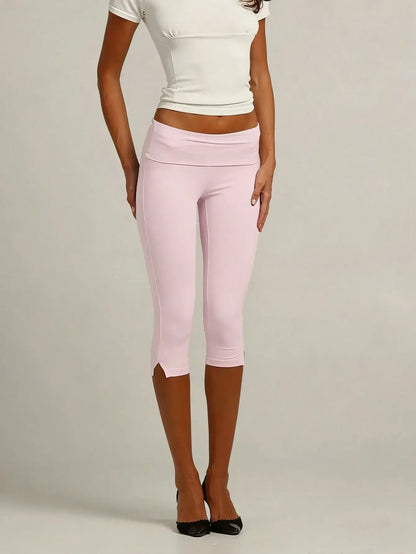 Women's Y2K Low Waist White Capri Leggings Fold Over Waistband Split Hem Solid Color Slim Fit Stretchy Cropped Leggings Buttery
