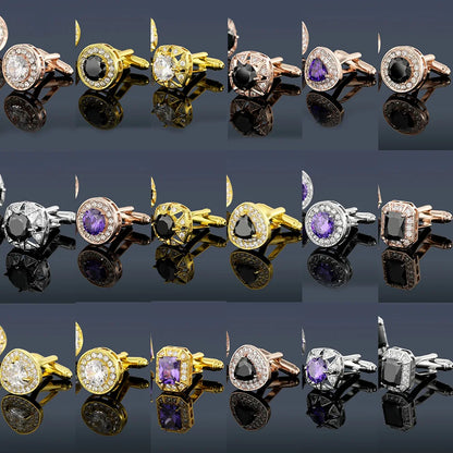 Men Luxury Vintage Metal Cufflinks Zircon Cuffs French Square Buckle Shirt Crystal Copper Cuffs