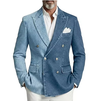 Men's Denim Suit Jacket Double Breasted Peak Lapel Slim Fit Cowboy Blazer Sports Coat Outing Date Night Trendy Party Prom