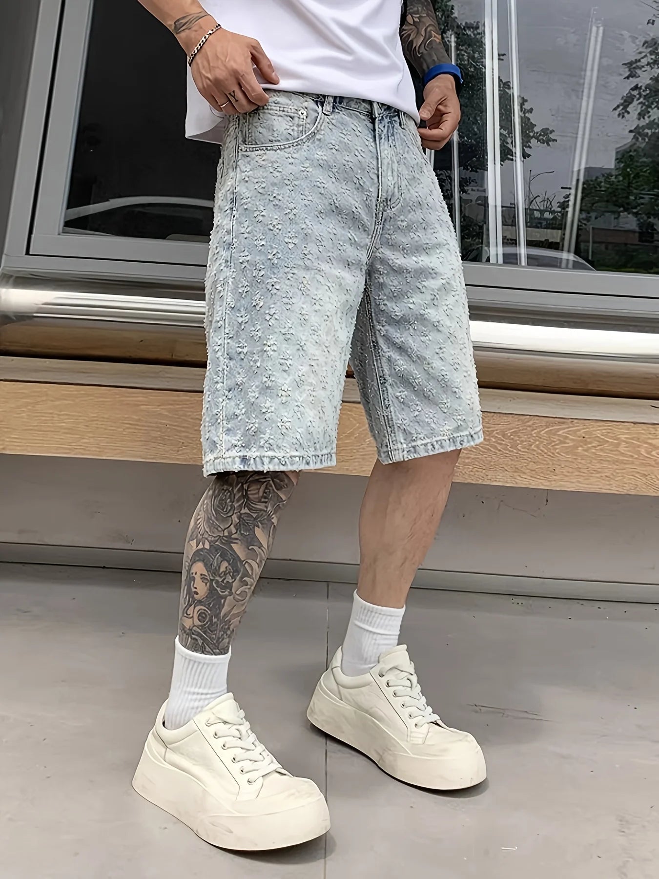 High Street Trendy Ripped Denim Shorts for Men, Plus Size, American Style, Loose Straight-Leg Washed Denim Shorts for Summer