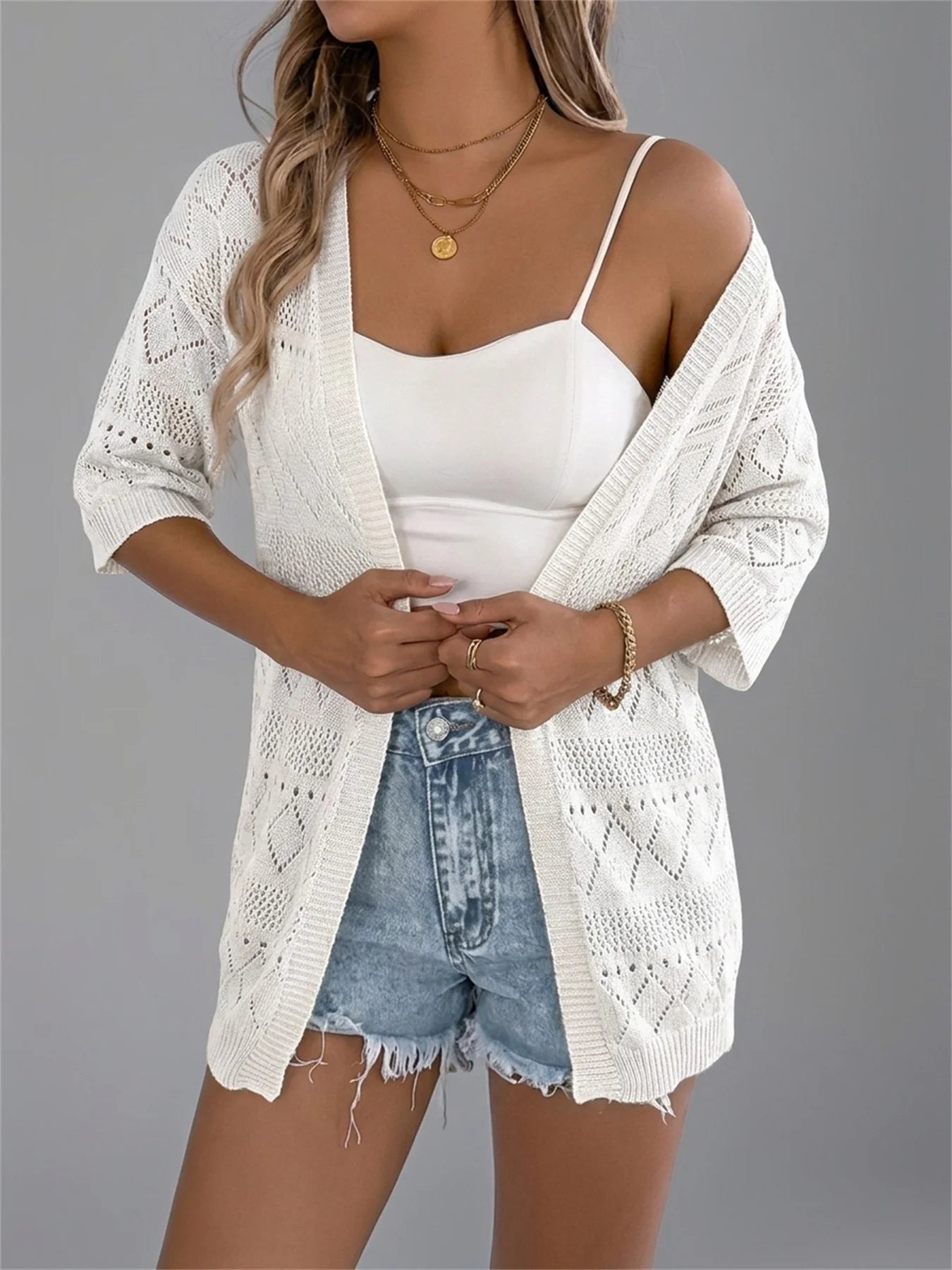 Hollow Out Knit Cardigan Short Sleeve Solid Color Summer Beach Lightweight Top