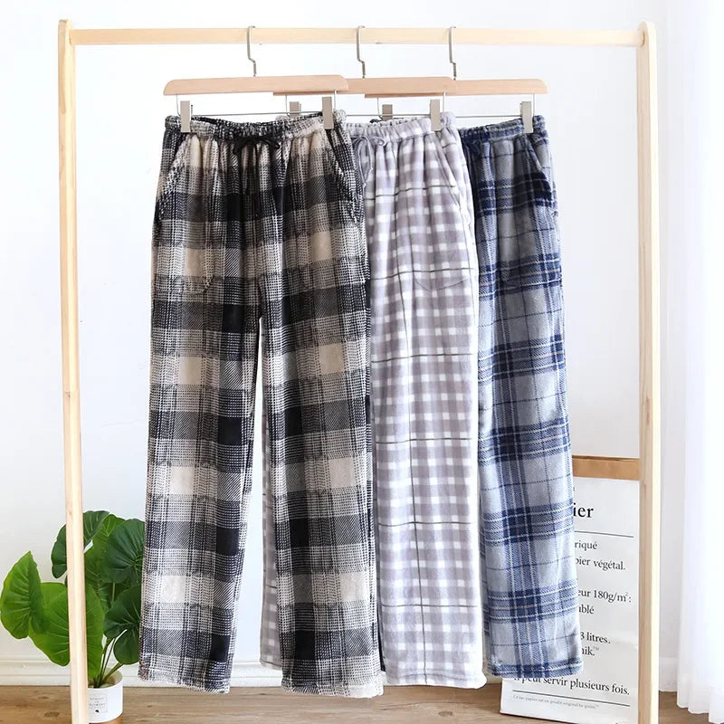 New Autumn and Winter Flannel Men's Pajama Pants Trousers Plus Velvet Thickened Lattice