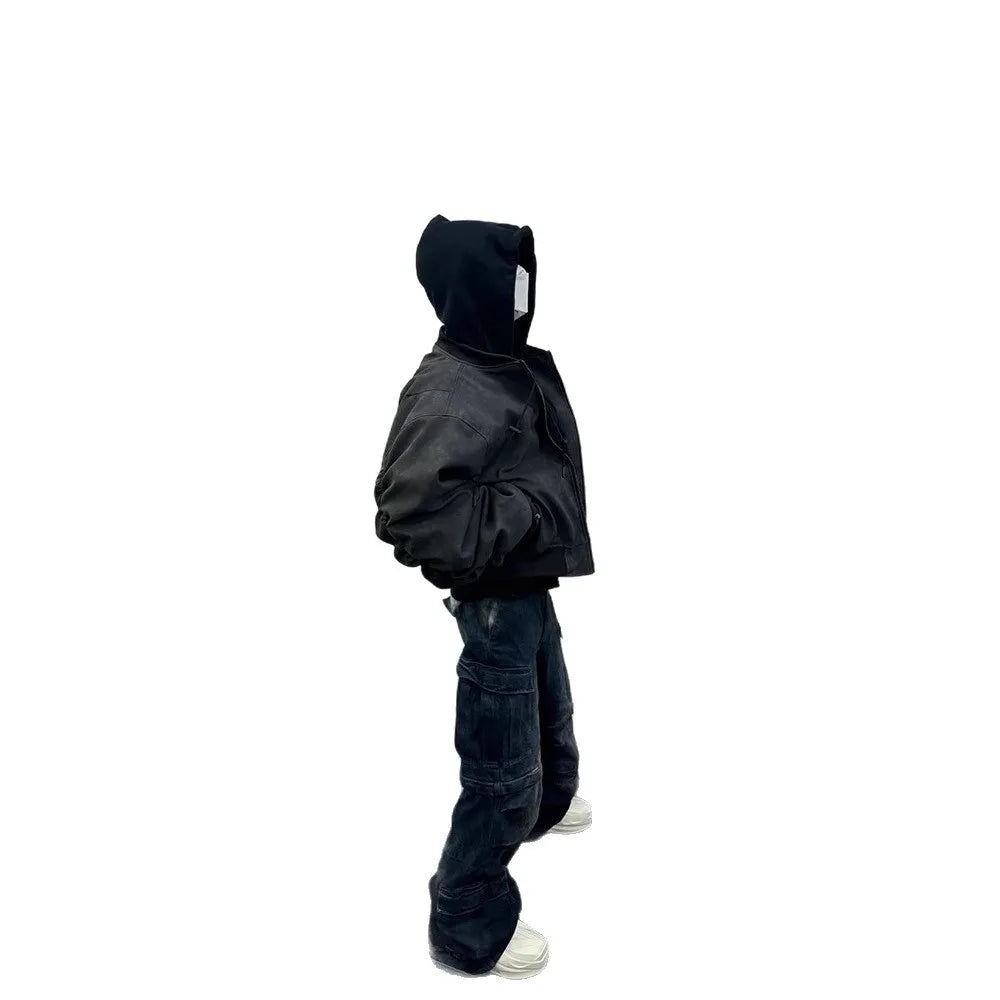 Unisex Jacket 2026 New Faux Leather Bomber Jacket Layered 2 In 1 Hooded Pilot Style Padded Winter Coat