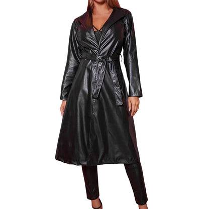 Women's Streetwear Windbreaker Black Tie Up Pu Leather Jackets For Women Fall Winter Windproof Anoraks Trench Coat For Women