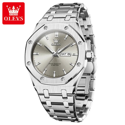 OLEVS Watches For Men Stainless Steel Strap Waterproof Luminous Dual Calendar Business Wristwatch Original Quartz Man Watch 3726