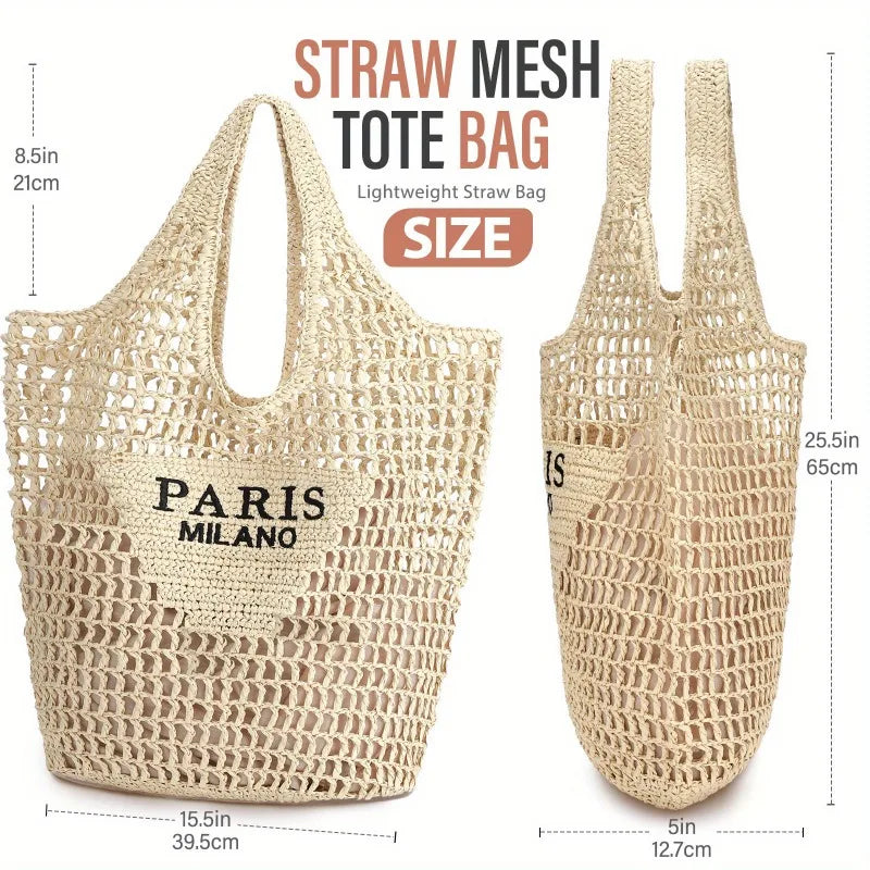 Summer Straw Beach Bag New Woven Bag Straw Mesh Tote Bag Foldable Large Capacity Womens Crossbody Shoulder Bag Purse for Holiday