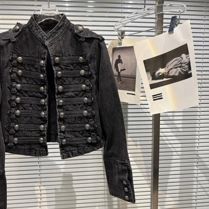 2026 Autumn New Fashion Metal Buckle Design Shoulder Strap Denim Short Jacket For Women High Street Coat Female