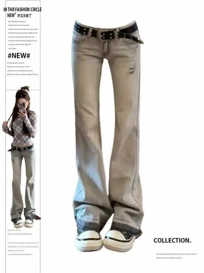 Women's Low Rise Jeans Embroidered Flared Denim Pants American Retro Y2k High Street Bell Bottom Jeans Harajuku 2000s Korean New