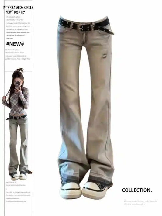 Women's Low Rise Jeans Embroidered Flared Denim Pants American Retro Y2k High Street Bell Bottom Jeans Harajuku 2000s Korean New