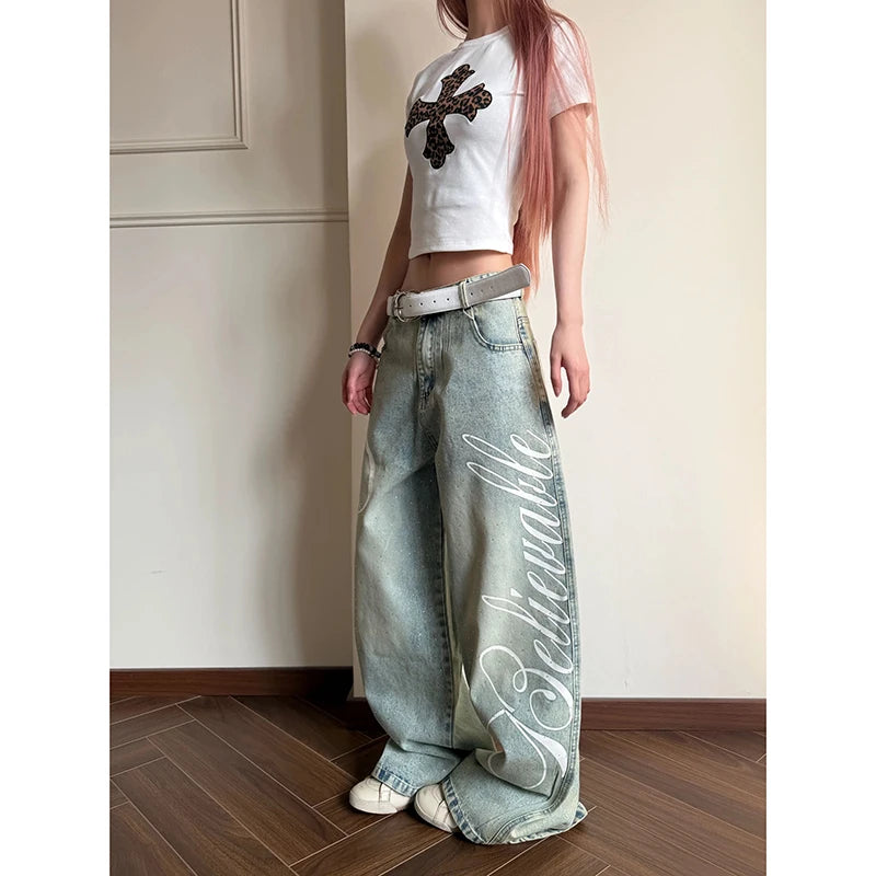 YIBASHU Women Vintage Blue Y2k Baggy Jeans Harajuku Letter Print Denim Trousers Streetwear Japanese 2000s Oversize Jeans Pants