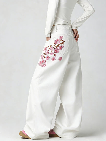 Women's White Embroidered High-Waist Loose Wide-Leg Jeans Y2K Street Trend Comfortable Everyday Versatile All-Season Pants