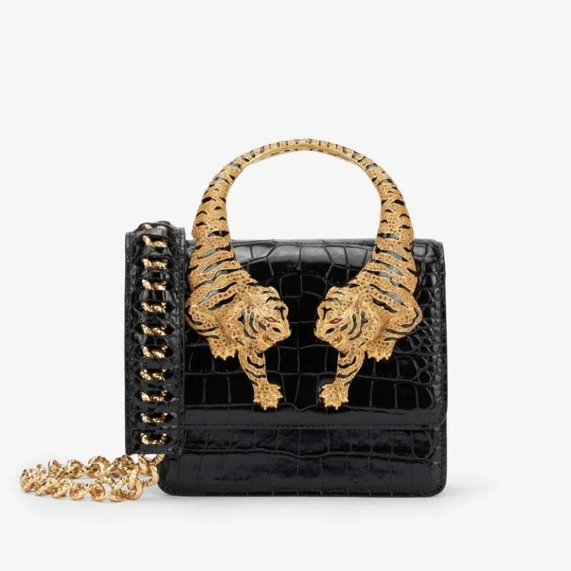 Roar Croc Embossed Handbag Women Genuine Crocodile Scale-effect Leather Signature Tiger Motif Crystal Embellishment Shoulder Bag