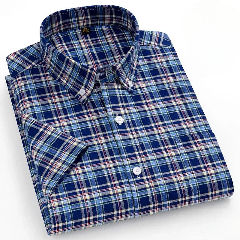New in Shirt Plus Size 14XL Fashion Summer 100%Cotton Oxford Plaid Short Sleeve Shirt for Man Designer Office Elegant Clothes