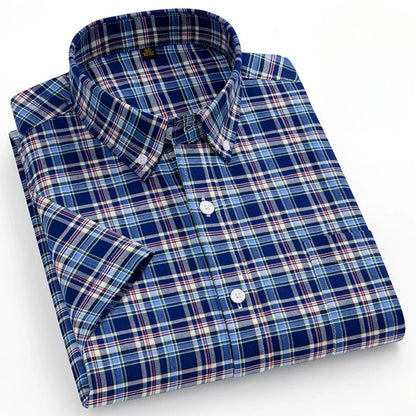New in Shirt Plus Size 14XL Fashion Summer 100%Cotton Oxford Plaid Short Sleeve Shirt for Man Designer Office Elegant Clothes