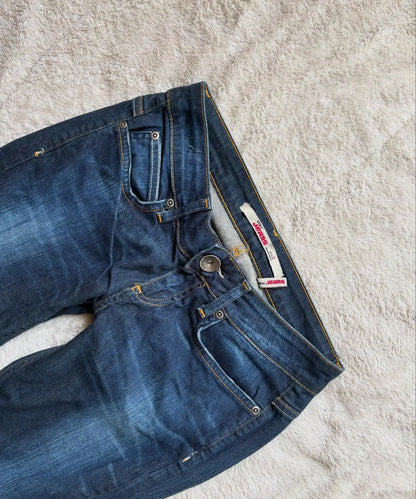 Women Retro Pants Basic Slim Fit Deep Blue Bootcut Jeans Casual Low Waist