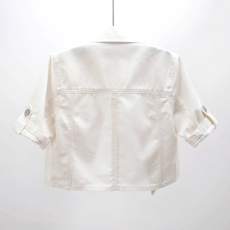 Summer White Short Women Denim Jacket Thin Slim Outerwear Half Sleeve Jeans Jackets Female