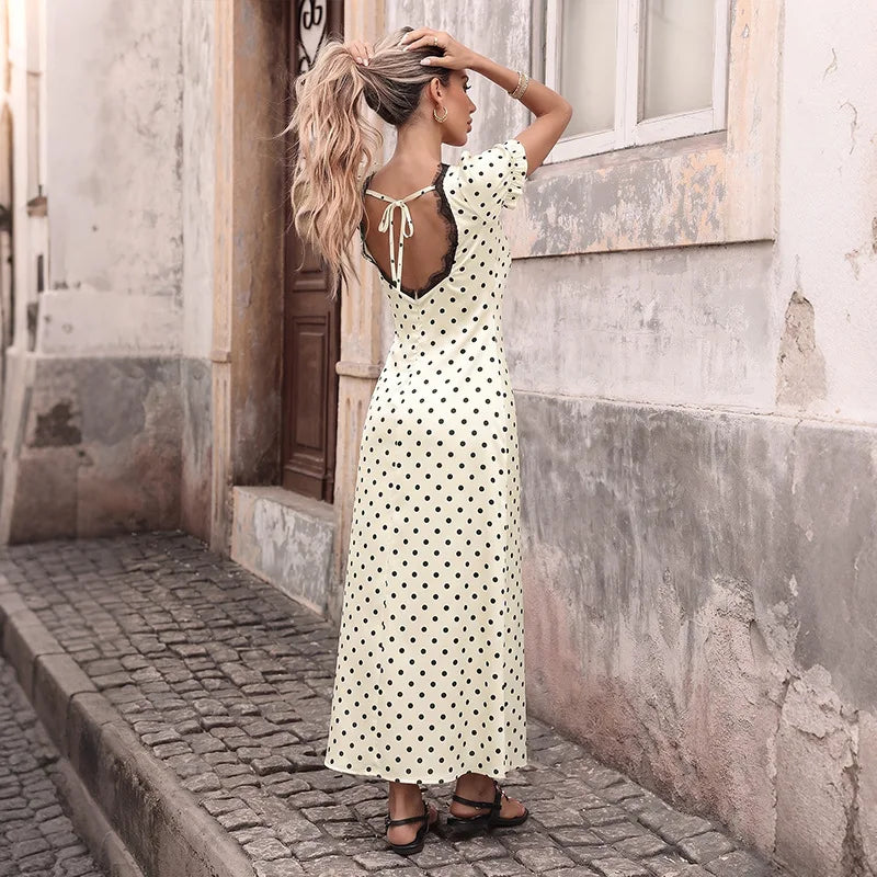 Women's Summer French Vintage Polka Dot Dress Sexy V Neck Lace Trim Short Sleeve Long Maxi Dress Vacation Beach Outfit 2026