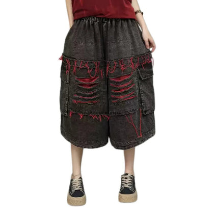 Unique Fashion Denim Jeans Women Distressed Mid-Length Loose Ripped Wide-Leg Cropped Pants LX5800