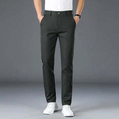 2025 New Men's Business Casual Straight Pants Micro Elastic Burgundy Khaki Black Classic Fashion Brand Four Seasons Trousers