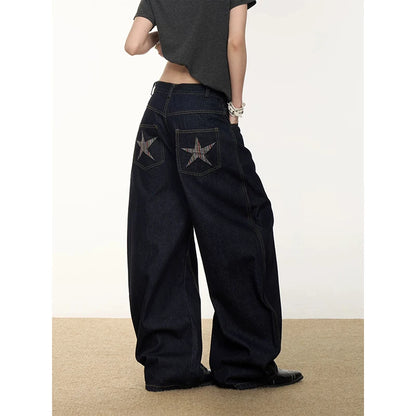YIBASHU Women Vintage Baggy Black Star Jeans High Waist Denim Trousers 2000s Y2k Harajuku Aesthetic Wide Pants Trashy Clothes