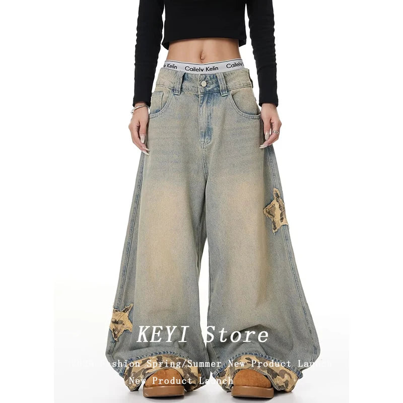 American Retro Y2K Style Star Patchwork Baggy Women's Jeans Pants  Clothing Washed Blue Wide Leg Loose Denim Trousers